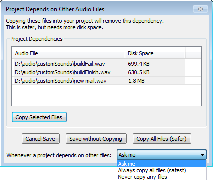 Dependencies Dialog when saving a project that has dependencies