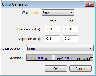 Chirp generator dialog, shown replacing a region of just under 3.5 seconds at 44100 Hz sample rate