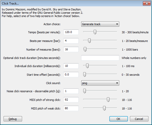 Click track generator dialog