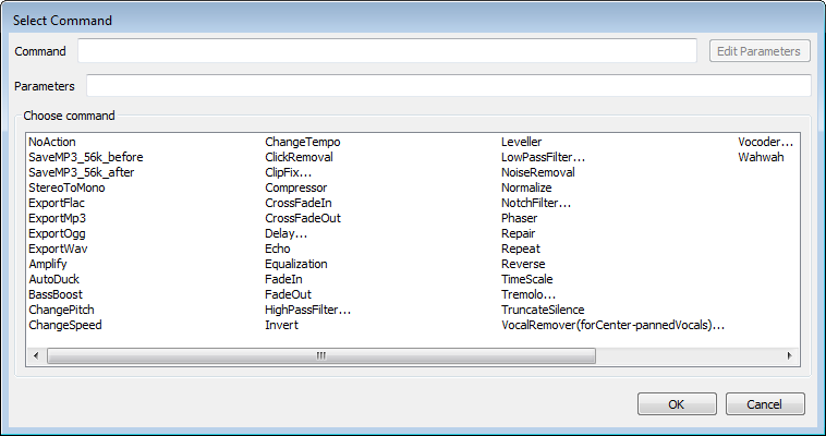 Edit Chain's "Select Command" dialog showing default commands