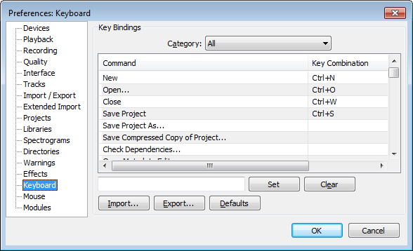 Keyboard Preferences: list of commands and shortcuts and control buttons