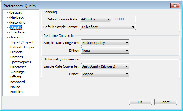 Quality Preferences dialog
