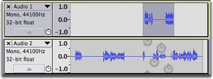 The two sync-locked tracks from the previous image, after the trim operation, showing that the leading and trailing audio was trimmed in the upper track but no change was needed to the lower track to keep it synchronized.