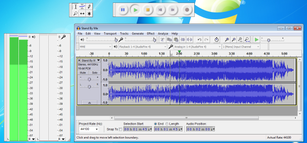 Audacity Project Window with some toolbars floated outside the window