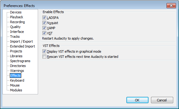 Effects Preferences dialog