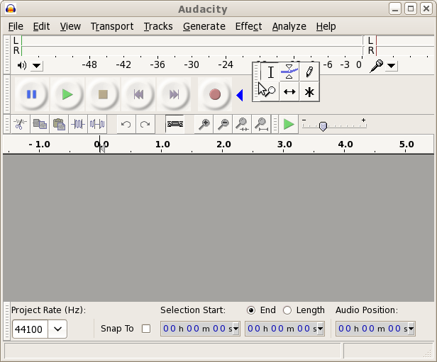 The blue triangle indicates an available docking position for Tools Toolbar alongside Transport Toolbar (zoomed out view)