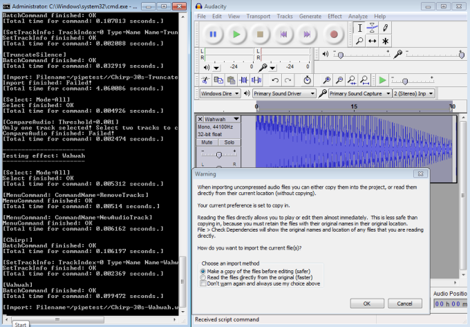 Audacity and command-line window running a script