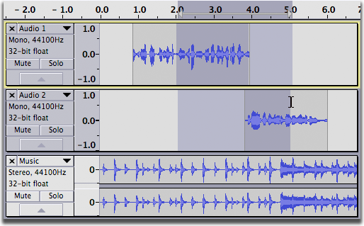 Region from 2 to 5 seconds in the first two tracks selected.