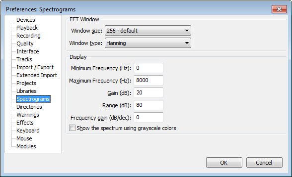 Spectrograms Preferences dialog