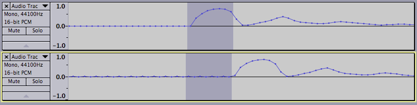 image of two tracks with selection showing latency amount after correction