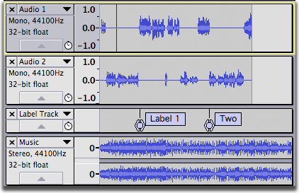 The tracks above the label track remain synchronized after the cut, while the stereo track in the second Sync-Locked Track Group is not affected.