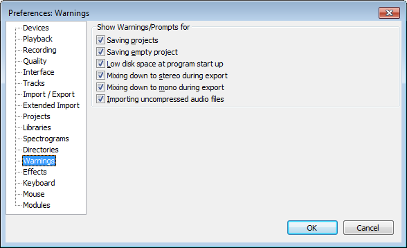 Warnings Preferences dialog