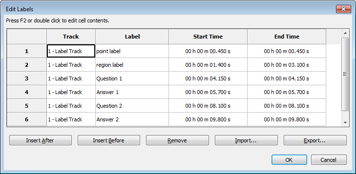 Edit Labels dialog box with tabular view of labels