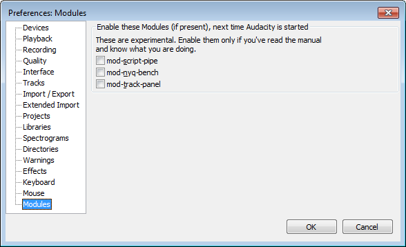 Modules Preferences dialog