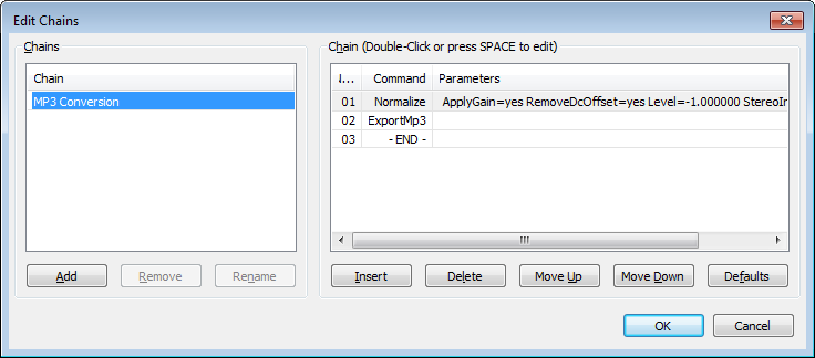 Edit Chain dialog showing Chain list (left) and command list for selected chain (right)