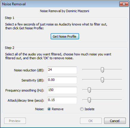 Noise removal window showing the two steps and associated controls