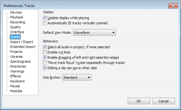 Tracks Preferences dialog